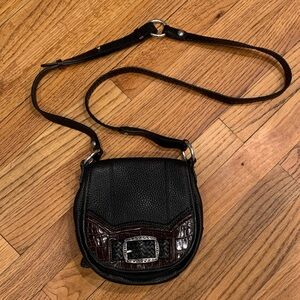 Brighton Mission Bay Flap Saddle Bag in black and brown two tone leather finish